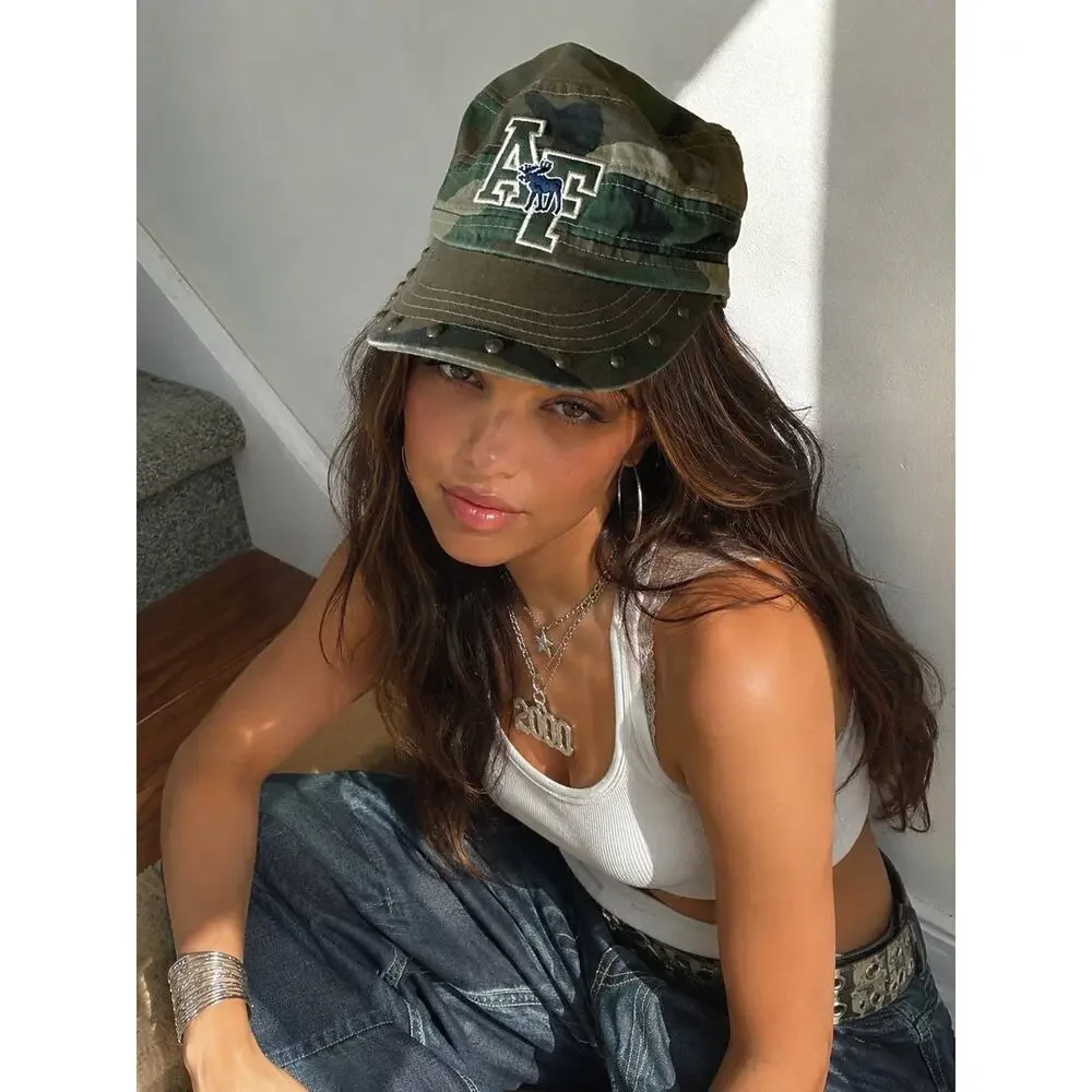 Vintage Abercrombie & Fitch Cadet Hat OS Camo Military Cap Moose Logo Y2K Studs
